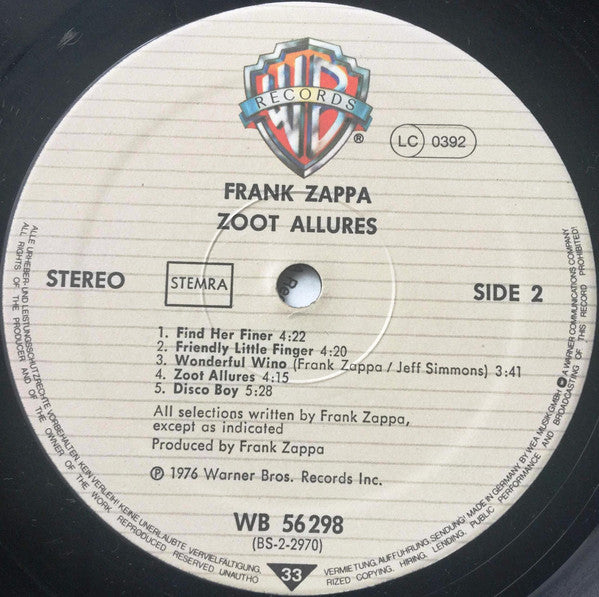 Frank Zappa : Zoot Allures (LP, Album)