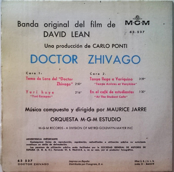 Maurice Jarre : Tema De Lara (Banda Original De La Pelicula Doctor Zhivago) (7", RP)
