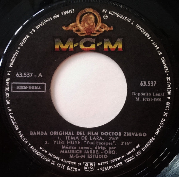 Maurice Jarre : Tema De Lara (Banda Original De La Pelicula Doctor Zhivago) (7", RP)