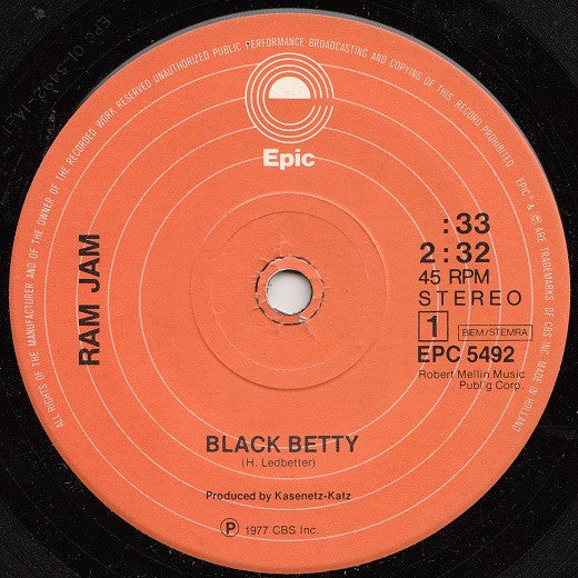 Ram Jam : Black Betty (7", Single, Sol)