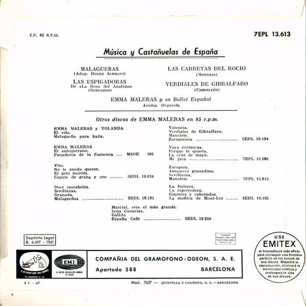 Emma Maleras Y Su Ballet Español : Música Y Castañuelas De España (7")