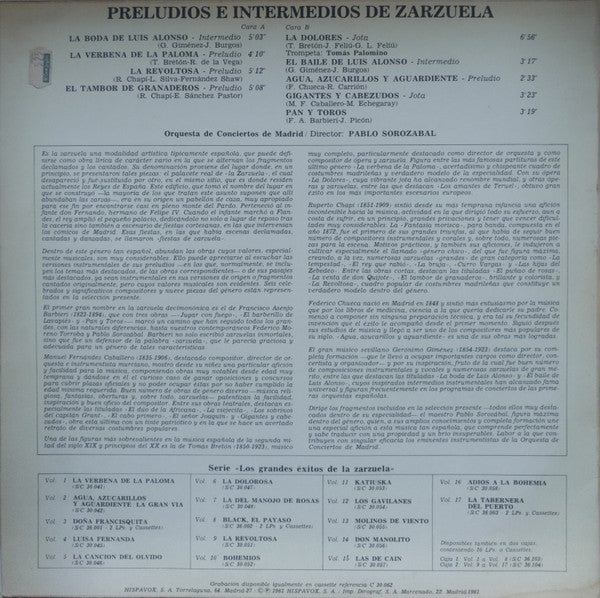 Pablo Sorozábal, Orquesta De Conciertos De Madrid : Preludios E Intermedios De Zarzuela (LP)