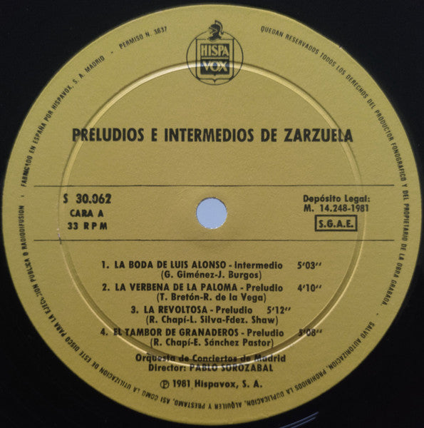 Pablo Sorozábal, Orquesta De Conciertos De Madrid : Preludios E Intermedios De Zarzuela (LP)