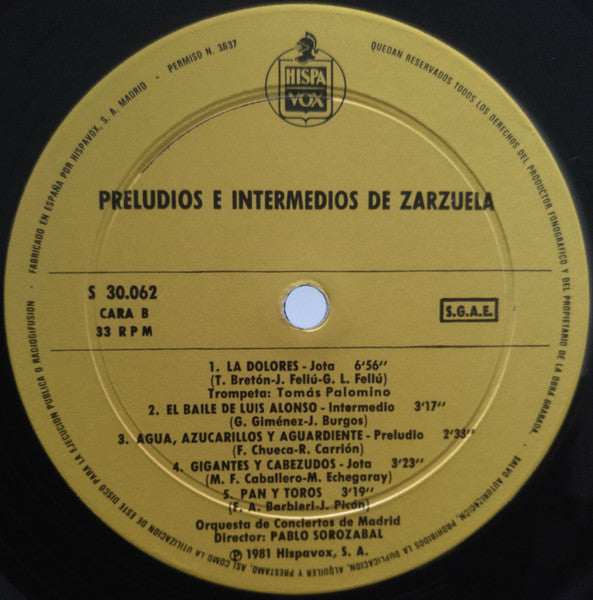 Pablo Sorozábal, Orquesta De Conciertos De Madrid : Preludios E Intermedios De Zarzuela (LP)