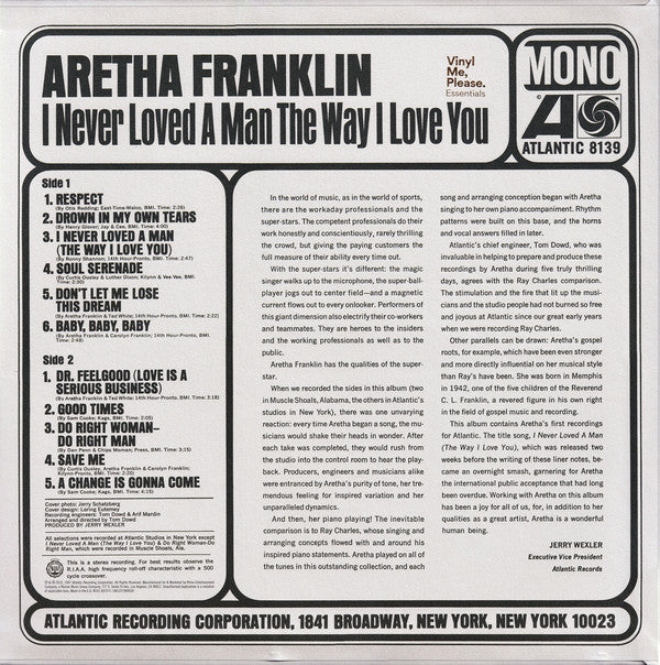 Aretha Franklin : I Never Loved A Man The Way I Love You (LP, Album, Mono, Club, RE, RM, Pur)