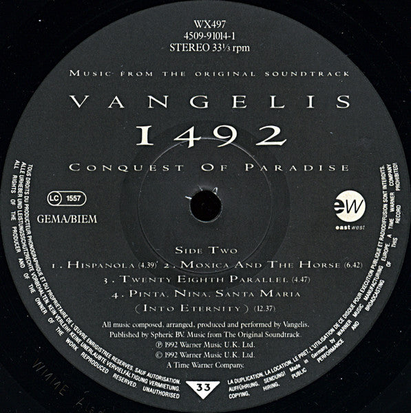 Vangelis : 1492 – Conquest Of Paradise (Music From The Original Soundtrack) (LP, Album)