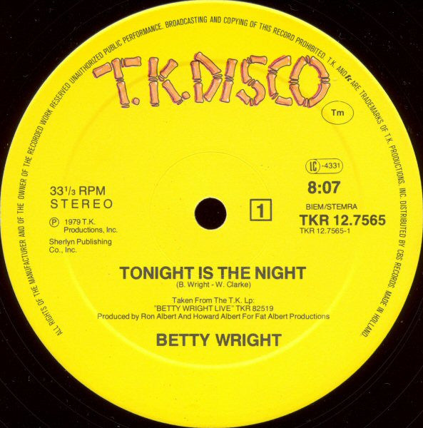 Betty Wright : Tonight Is The Night (12", Maxi, Pic)