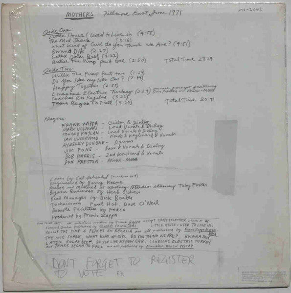 The Mothers : Fillmore East - June 1971 (LP, Album, San)