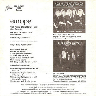 Europe (2) : The Final Countdown (7", Single)