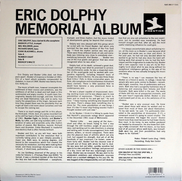Eric Dolphy & Booker Little : Memorial Album Recorded Live At The Five Spot (LP, Album, RE, RM)