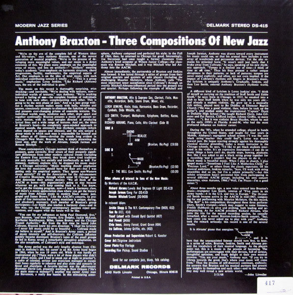 Anthony Braxton : 3 Compositions Of New Jazz (LP, Album, RE, RP)