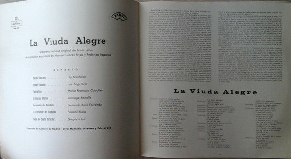 Franz Lehár, Federico Reparaz, Manuel Linares Rivas, Viktor Léon, Leo Stein, Lily Berchman, Luis Sagi-Vela : La Viuda Alegre (LP, Album, Mono)