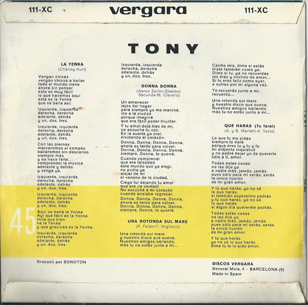 Tony Vilaplana : Bailemos La Yenka Con Tony (7", EP)