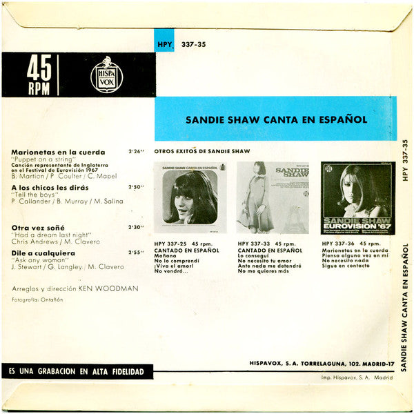 Sandie Shaw : Canta En Español (Eurovision '67) (7", EP, Pin)