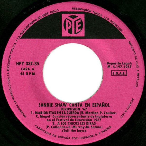 Sandie Shaw : Canta En Español (Eurovision '67) (7", EP, Pin)
