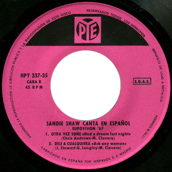 Sandie Shaw : Canta En Español (Eurovision '67) (7", EP, Pin)
