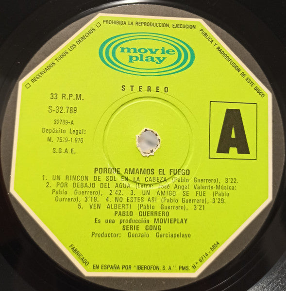 Pablo Guerrero : Porque Amamos El Fuego (LP, Album, Gat)