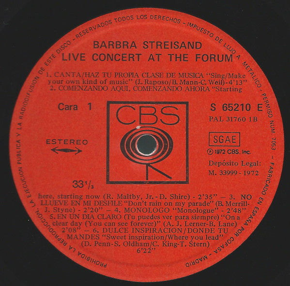 Barbra Streisand : Live Concert At The Forum (LP, Album, Gat)