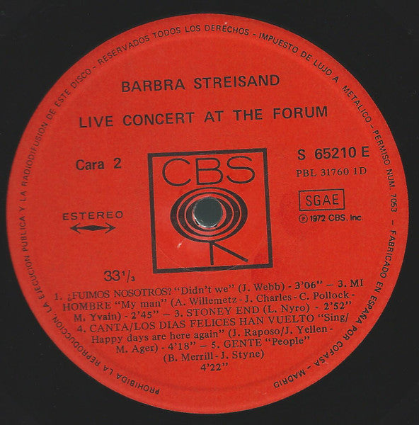 Barbra Streisand : Live Concert At The Forum (LP, Album, Gat)