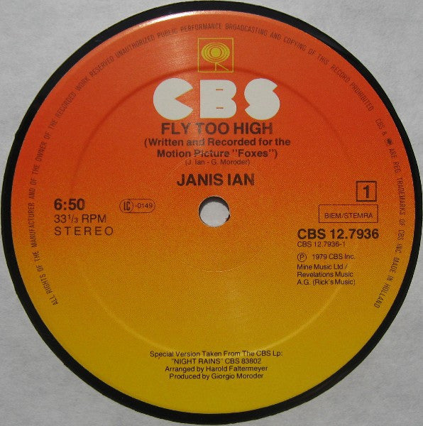 Janis Ian : Fly Too High (Special 12" Version) / Night Rains (12")