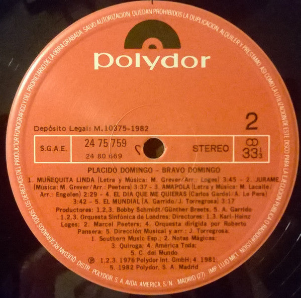 Placido Domingo : Bravo Domingo (LP, Comp)