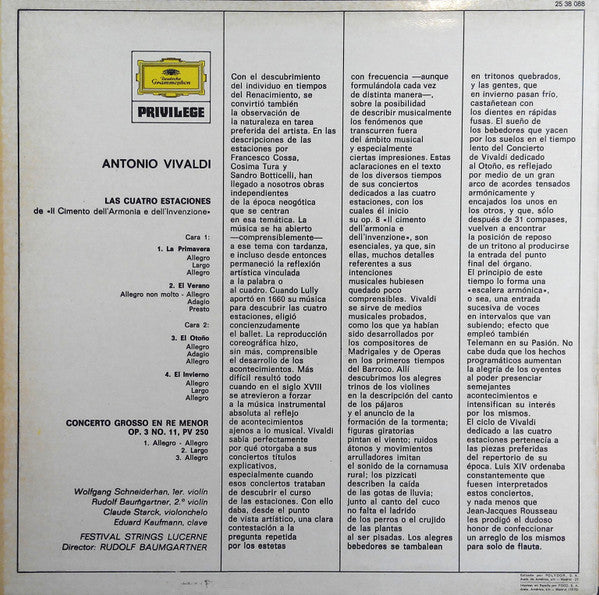 Antonio Vivaldi - Festival Strings Lucerne, Rudolf Baumgartner : Las Cuatro Estaciones (LP)