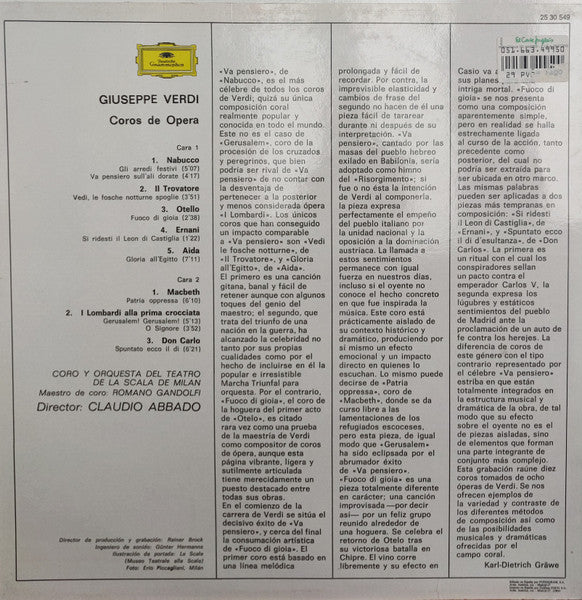 Giuseppe Verdi, Teatro De La Scala*, Abbado* : Coros De Ópera (LP)