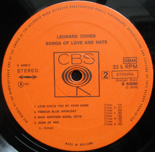 Leonard Cohen : Songs Of Love And Hate (LP, Album)