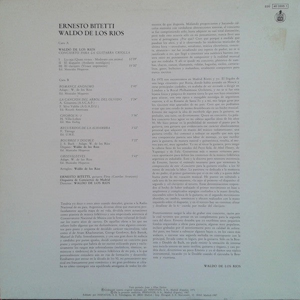 Ernesto Bitetti, Waldo De Los Rios : Concierto Para La Guitarra Criolla (LP, Album, RE)