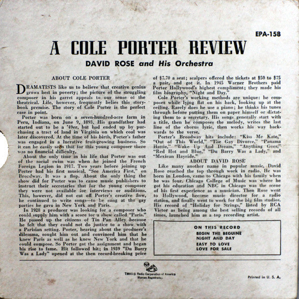 David Rose And His Orchestra* : A Cole Porter Review (7", EP)