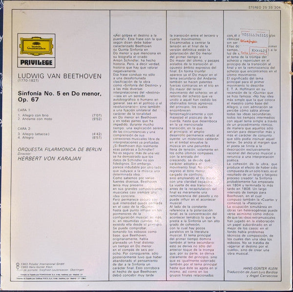 Beethoven* - Orquesta Filarmonica De Berlin* Dir. Herbert von Karajan : Sinfonía No. 5 (LP, Album, RE)